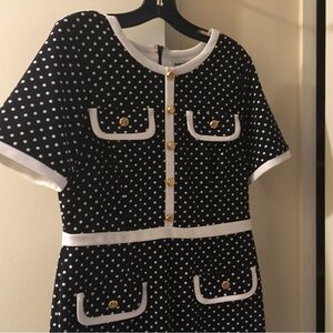 Shelby & Palmer Blue  and White Polka Dot Dress with Gold Accent. NEW